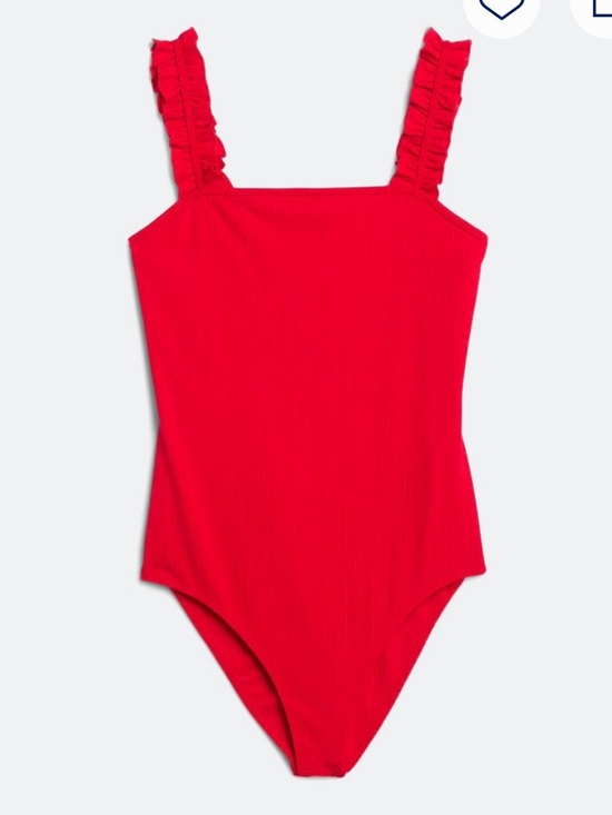 Kaileigh Tops - KAILEIGH Raina Ruffle Straps Knit Bodysuit Top - Small - Red